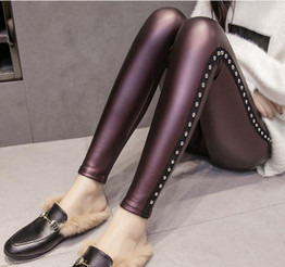 2017 Autumn Winter Women Elastic PU Leather Velvet High Waist Warm leggings Slim Patchwork Pencil Pants Shinning Trousers Female