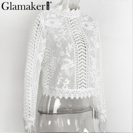 Glamaker sexy white lace blouse shirt Women tops elegant hollow out blouse Summer tops female blouse  long sleeve blusas