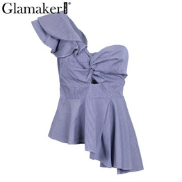 Glamaker Sexy one shoulder plaid ruffle blouse shirt Women casual asymmetrical blouse blusas Female hollow out blouse chemise