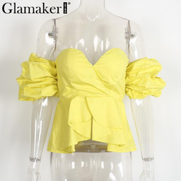 Glamaker Sexy off shoulder ruffle blouse shirt Fitness elegant backless blouse blusas Spring slim beach women tops