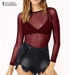 2017 Autumn ZANZEA Women Sexy Mesh Transparent Blouses Tops Ladies V Neck Long Sleeve Slim Fitted Solid Blusas Shirts Plus Size