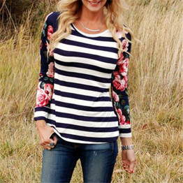 2018 Fashion Women T-Shirts O Neck Striped Floral Printed Long Sleeve Loose Autumn Casual Top Female T Shirt Ladies Tops Tee