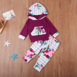 Autumn Winter Baby Clothing Floral Newborn Baby Girl Hooded Tops Striped Pants +Striped Leggings Outfit Set Clothes US Stock