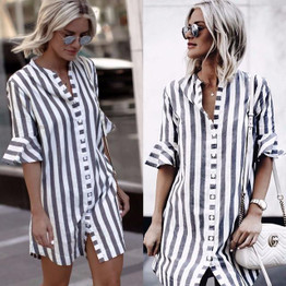 2018 New arrivals fashion women striped dress casual half sleeve ruffle loose dress women button shirt dress vestidos