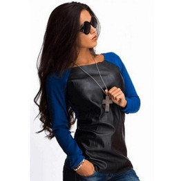 Rogi Long Sleeve Women Blouse Shirt Fashion PU Leather Patchwork Blouses Autumn Boat Neck Shirt Women Tops Blusas Femininas S-XL