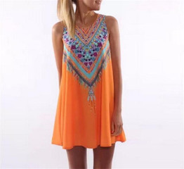 Rogi Vestidos Women Summer Dress Casual Boho Mini Beach Dress Floral Print Tunic Sleeveless Short Chiffon Dresses Robe Femme