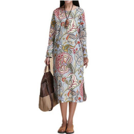 spring autumn style cotton linen vintage print plus size women casual loose long dress party vestidos femininas dresses 2017