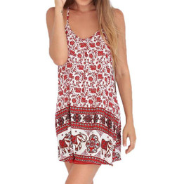 2017 Sexy Women Summer Dress Floral Elephant Print Beach Dress Spaghetti Strap Sleeveless Swing Mini Dress Vestidos De Festa