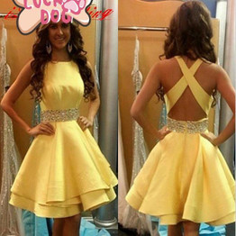 Robe De Cocktail Elegant Cocktail Dresses 2017 Yellow Beaded Open Back Short Mini Summer Dress Prom Dress Party Gowns