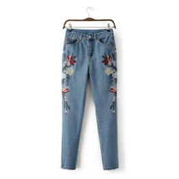 2017 Spring Autumn Fashion Floral Embroidered Jeans For Women Vintage Water Washing Bleached Straight Jeans Woman Denim Pants