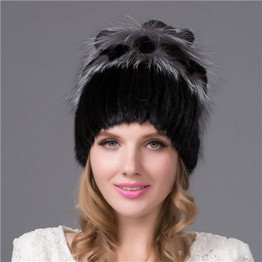 Warm winter fur hat mink hat with real fox fur ball knitted Skullies2016 copious female fur headdress beanie hat
