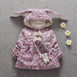 Warm Winter Baby Girls Parkas Floral Hooded Cotton Thicken Jackets Coat Outerwear Snow Wear Casaco+bag
