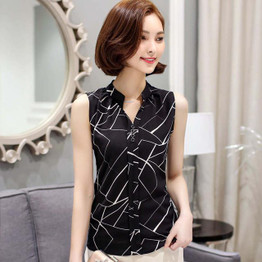 New 2016 Summer Chiffon Blouse shirt Women Printed Sleeveless White top Blouses Shirts Female Office tops