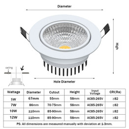 DBF Dimmable COB Recessed Downlight 5W 7W 10W 12W White/Black Body Ceiling Spot Light with 90-265V LED Driver 3000K 4000K 6000K