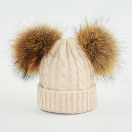 HAPPYTAIL Winter Baby Hat Pom Pom Knitted Toddler Kid Warm Real Double Raccoon Fur Balls Wool Beanies for Boys and Girls