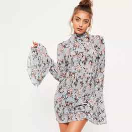 Hodoyi Floral Printed Backless Dresses Female Flare Sleeve Cute Pencil Dress Women Vintage Elegant Mini Dress Ladies Vestidos
