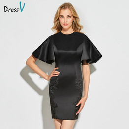 Dressv black cocktail dress elegant scoop neck appliques zipper up short sleeves wedding party formal dress cocktail dresses