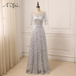 ADLN New Arrival Silver Prom Dress Scoop Neck Three Quarter Sleeves Floor Length A-line Prom Party Gowns Long Evening Dresses