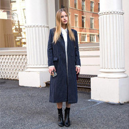 IRISIE Apparel Blue White Stripe Shawl Collar Longline Coat Vintage Color Block Female Trench Casual Loose Women Trench Coat