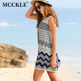 MCCKLE Women's Fashion Dresses Bohemian Beach Mini Dresses Women Striped Multicolor Sleeveless Print Lace Slim Tank Sexy Dress