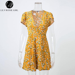 Lily Rosie Girl 2017 Boho V-Neck Summer Mini Dress for Women