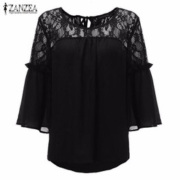 Summer Autumn 2017 Women Shirts Hollow Out Sexy Lace Patchwork Chiffon Blouses Casual Loose Flare Sleeve Solid Blusas Tops
