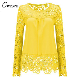 CWLSP Plus size Women Chiffon Blouses Shirts  Long Sleeve Tops Lace Blouses Hollow out Crochet Blusas Femininas 2017 Fashion