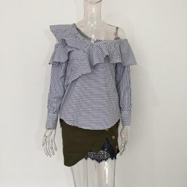 Blue Striped Cold Shoulder Blouse Women 2017 Spring Summer Asymmetric Ruffle Blouse Shirts Women Long Sleeve Shirt Blouse Female