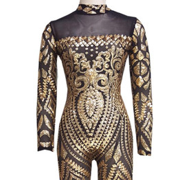 Blue Rompers Womens Jumpsuit Romper Sexy Gold Geometric Tattoo Sequin Jumpsuit Women Long Sleeve Sequined Women Bodysuit Catsuit