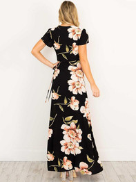 Pretty Sexy Floral-Print Short Sleeve Deep V Neck Side Split Maxi Dress