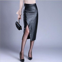 LXUNYI Autumn Winter High Waist Bodycon Leather Skirt Women Sexy Split PU Leather Skirts Womens Slim Long Pencil Skirt Plus Size