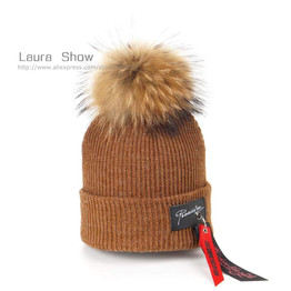 LAURASHOW Kids Boys Girl Hip Hop Cap Real Raccoon Fur Ball Pom Poms Knitted Wool Beanie Hat Warm Winter