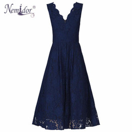 Nemidor 2017 Women Elegant Plus Size V-neck Midi Swing Dress Summer Sleeveless Scalloped Retro Party Casual Lace Dress
