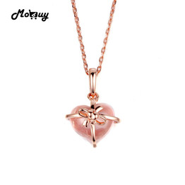 MoBuy MBNI016 Heart Cut Natural Gemstone Rose Quartz Bow Necklaces &amp; Pendants Sterling Silver 925 Jewelry Gold Plated For Women