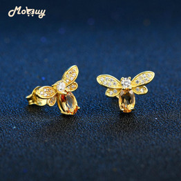 MoBuy MBEI041 Natural Citrine Lovely Bee Stud Earrings 925 Sterling Silver Jewelry 14K Yellow Gold Plated Fine Jewelry For Women
