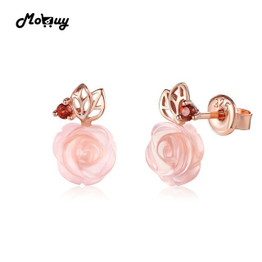 MoBuy MBEI015 Cute Flower Cut Natural Gemstone Rose Quartz Stud Earrings 925 Sterling Silver Gold Plated Fine Jewelry For Women
