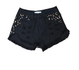 2054 2017 Women's Fashion Brand Vintage Tassel Leopard Rivet Ripped Loose High Waisted Short Jeans Punk Sexy Woman Denim Shorts