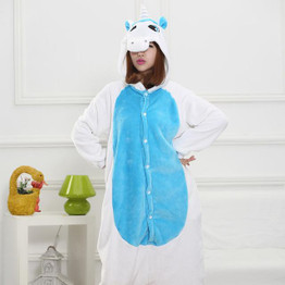 Cartoon Blue Unicorn Pajama Sets Flannel Pajamas For Women Cute Animals Long-sleeved Adult Pajamas Sleepwear
