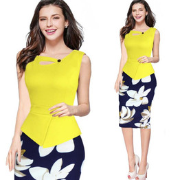 Fantaist 2016 Summer Women Elegant Floral Print Solid Patchwork Sleeveless Sheath Bodycon Spring Summer Cusual Work Office Dress