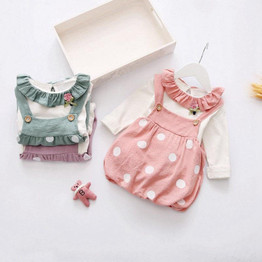 2017 Vestidos Spring Baby Girls Flower T-shirt Tops + Polka Dot Print Overalls Dress Kids Two Pieces Dresses roupas de bebe