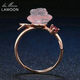 LAMOON Rose Flower 9mm 100% Natural Pink Rose Quartz Ring 925 Sterling Silver Jewelry Rose Gold Romantic Wedding Band LMRI025