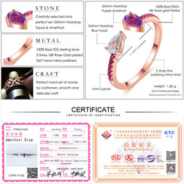 LAMOON Natural Amethyst 925 Sterling Silver Opening Rings Rose Color S925 Gemstone Fine Jewelry Women Wedding Ring