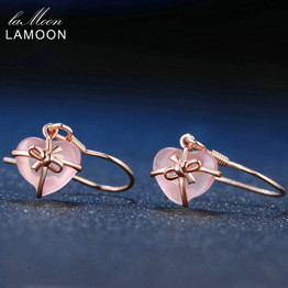 LAMOON 7X8mm 100% Natural Heart Pink Rose Quartz 925 Sterling Silver Jewelry Rose Gold Plated Drop Earrings S925 LMEI012