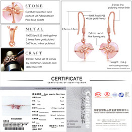 LAMOON 925 Sterling Silver Drop Earrings Fine Jewelry Plated 100% Natural Heart Pink Rose Quartz S925 for womanLMEI012
