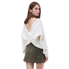 Bothwinner V Neck Twisted Back Sweater Women Jumpers Pullovers Long Sleeve Knitted Sweaters Pull Femme
