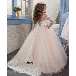 2017 Romantic Champagne Puffy Lace Flower Girl Dress for Weddings Organza Ball Gown Girl Party Communion Dress Pageant Gown