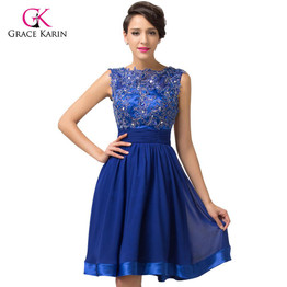 2017 Prom Dress Grace Karin Backless Lace Short Royal Blue Chiffon Homecoming Dresses knee length Prom Dresses for evening 6132