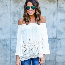Casual Summer Chiffon Blusas Women Blouse Off Shoulder Long Sleeve Lace Shirt Tops Plus Size Sexy Blouses