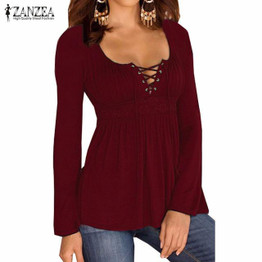 2017 Autumn Sexy Blouse Tops V Neck Long Sleeve Lace Splice Solid Blusas Shirt Casual Plus Size Blouses Oversized ZANZEA Women