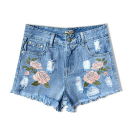2017 Fashion Embroidery Denim Shorts Floral High Waist Jeans Short Femme Frayed Hole Shorts For Women Plus Size Summer Shorts
